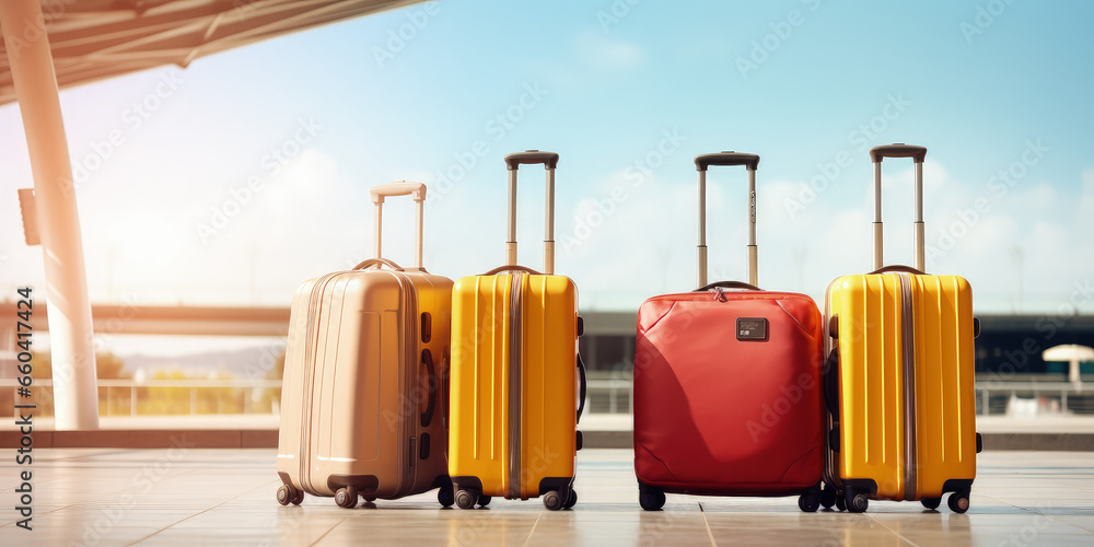 This wide banner showcases a lineup of luggage suitcases in an airport setting, offering a generous area for illustrating vacation and holiday travel ideas. This wide banner showcases a lineup of luggage suitcases in an airport setting, offering a generous area for illustrating vacation and holiday travel ideas.
