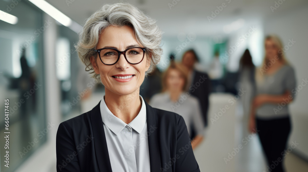 A smiling senior businesswoman in a modern office, exuding confidence and happiness.Business Concept A smiling senior businesswoman in a modern office, exuding confidence and happiness.Business Concept