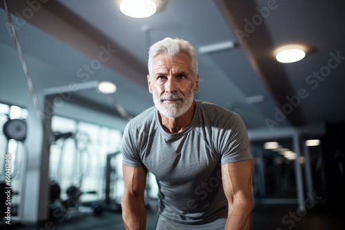 Close-up portrait photography of a serious mature man jumping rope in a gym. With generative AI technology