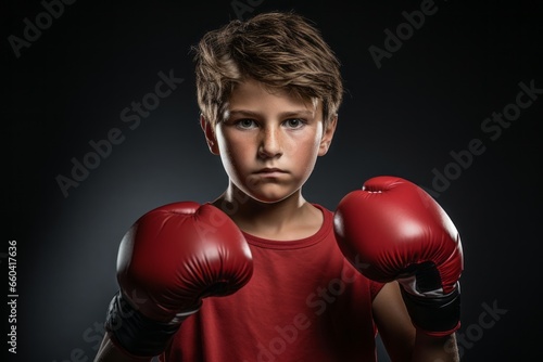 Three-quarter studio portrait photography of a determined kid male practicing boxing in a ring. With generative AI technology © Markus Schröder