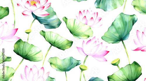 seamless Lotus floral water color pattern on white background
