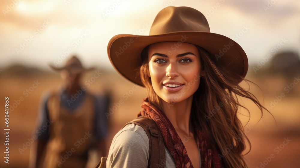 A young woman in safari attire and a hat explores the African savanna with blurred wildlife in the background. A young woman in safari attire and a hat explores the African savanna with blurred wildlife in the background.