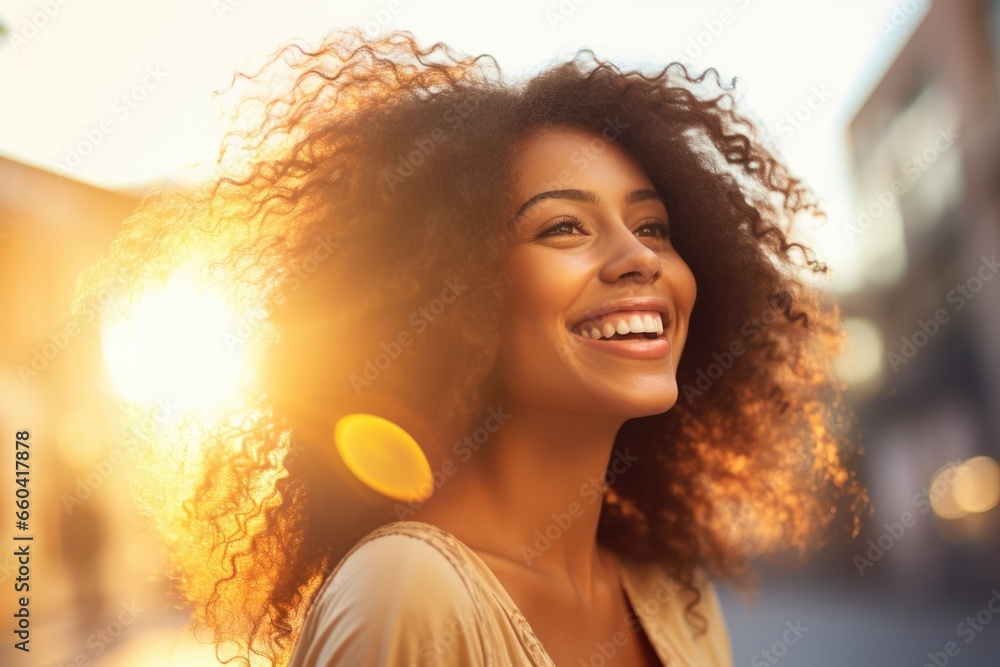 Portrait of beautiful african american woman smiling and looking away. Outdoor portrait of a black lady. Happy cheerful girl with curly black hair laughing Portrait of beautiful african american woman smiling and looking away. Outdoor portrait of a black lady. Happy cheerful girl with curly black hair laughing