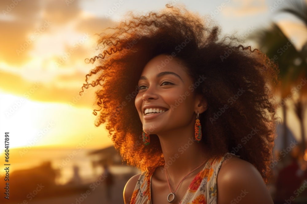 Portrait of beautiful african american woman smiling and looking away. Outdoor portrait of a black lady. Happy cheerful girl with curly black hair laughing Portrait of beautiful african american woman smiling and looking away. Outdoor portrait of a black lady. Happy cheerful girl with curly black hair laughing