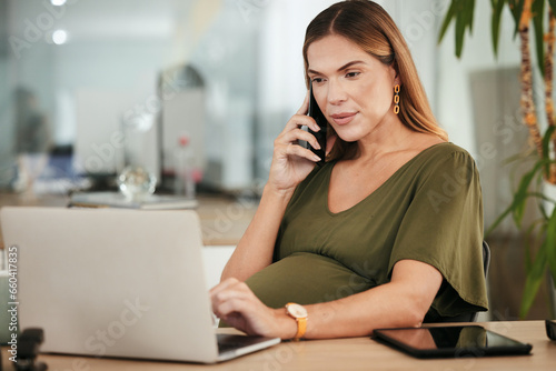 Phone call conversation, office laptop and pregnant woman online, typing and reading website research, insight or report. Cellphone, pregnancy and maternity person check schedule or consultation info