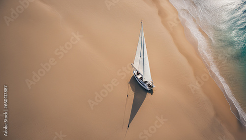 sailing boat on the sea. sand beach from above with light. background