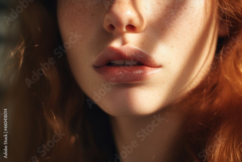 Beautiful woman shiny and wet lips with fashion biege lipstick makeup. Cosmetic concept. Beauty lip visage. Open mouth with white teeth. Closeup view photo