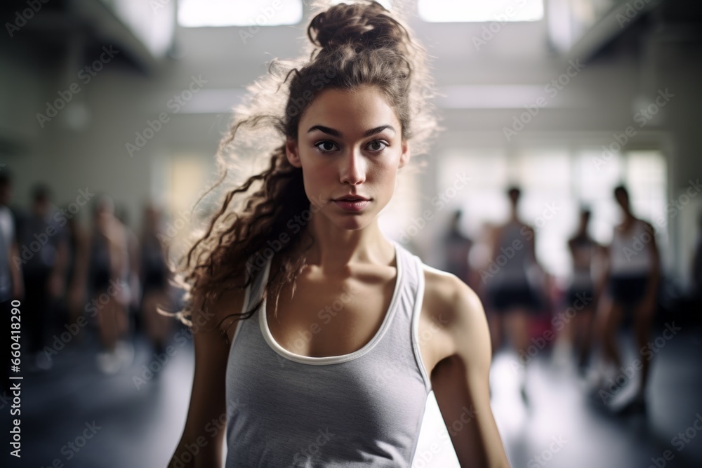 Photography in the style of pensive portraiture of a determined girl in her 20s dancing in a zumba class. With generative AI technology Photography in the style of pensive portraiture of a determined girl in her 20s dancing in a zumba class. With generative AI technology