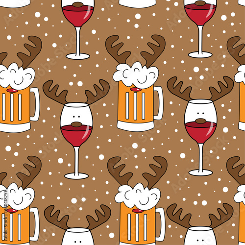 Funny beer mugs and wine glass, with reindeer antler. Seamless pattern for Christmas.
Good for textile print, wrapping paper, and other decoration