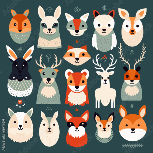 A collection of adorable woodland animals in winter outfits