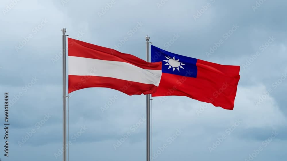 Taiwan and Austria flag waving together on cloudy sky, endless seamless loop, two country cooperation concept Taiwan and Austria flag waving together on cloudy sky, endless seamless loop, two country cooperation concept