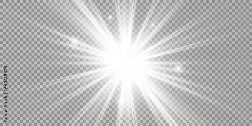 White beautiful light explodes with a transparent explosion. Vector, bright illustration for perfect effect with sparkles. Bright Star. Transparent shine of the gloss gradient, bright flash. - obrazy, fototapety, plakaty 