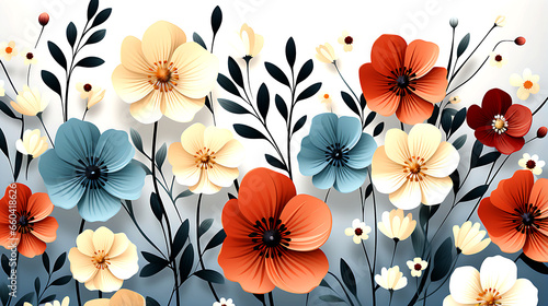 seamless pattern, tiny flower and leaves, white backround, playful style color, vector style,illustration