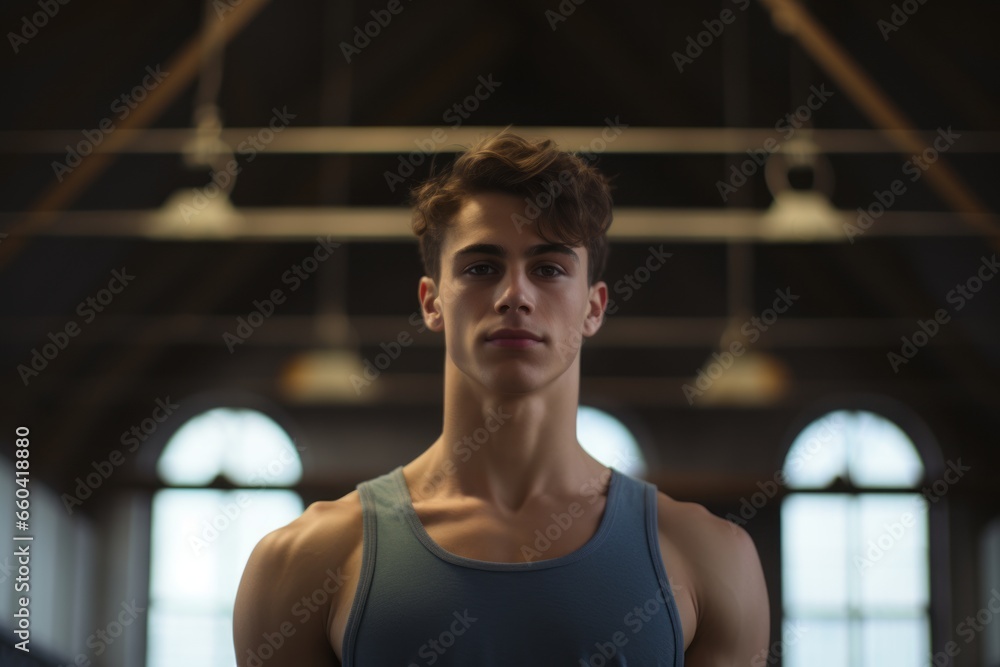 Headshot portrait photography of a satisfied boy in his 20s doing rhythmic gymnastics in an empty room. With generative AI technology Headshot portrait photography of a satisfied boy in his 20s doing rhythmic gymnastics in an empty room. With generative AI technology