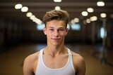 Headshot portrait photography of a satisfied boy in his 20s doing rhythmic gymnastics in an empty room. With generative AI technology