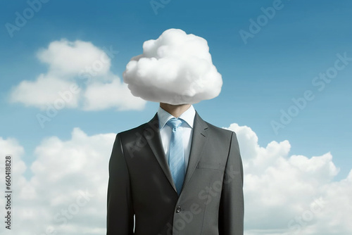 Explore imagination in business with a creative concept featuring a businessman whose head is replaced by dreamy clouds. Head in the clouds concept. Ai generated