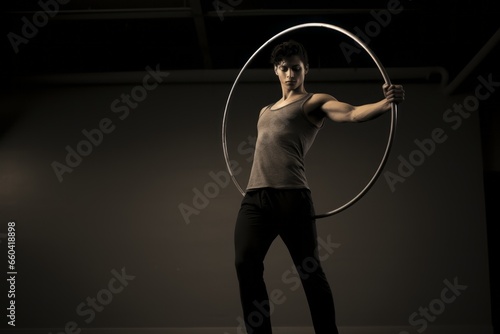 Three-quarter studio portrait photography of a satisfied boy in his 20s doing rhythmic gymnastics in an empty room. With generative AI technology