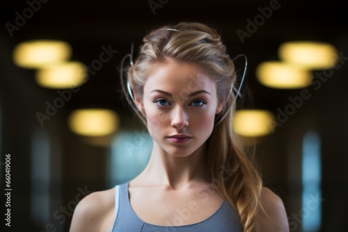 Headshot portrait photography of an inspired girl in her 20s doing rhythmic gymnastics in an empty room. With generative AI technology © Markus Schröder