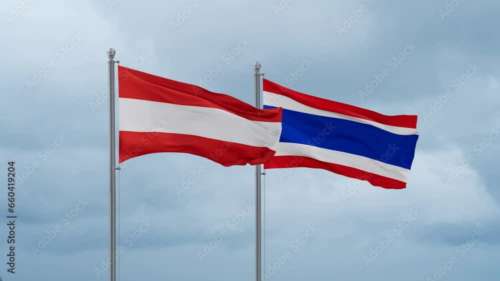 Kingdom of Thailand and Austria flag waving together on cloudy sky, endless seamless loop, two country cooperation concept Kingdom of Thailand and Austria flag waving together on cloudy sky, endless seamless loop, two country cooperation concept