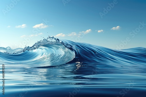 A stunning background image featuring a surfing wave with a deep blue color under a clear blue sky, capturing the essence of a perfect day for riding the waves. Photorealistic illustration