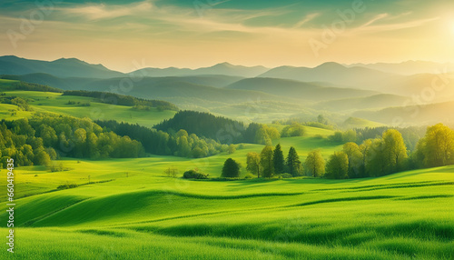  beautiful countryside of Romania sunny. Green spring field panorama. Summer landscape image of field and mountain. wallpaper