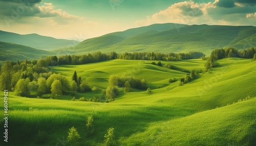  beautiful countryside of Romania sunny. Green spring field panorama. Summer landscape image of field and mountain. wallpaper