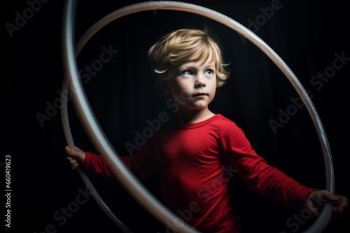 Lifestyle portrait photography of a serious kid male doing rhythmic gymnastics in a studio. With generative AI technology