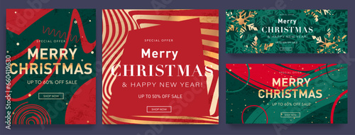 Set Merry Christmas and Happy New Year 2024 Year in Green, Red, Gold Colors. Creative Sale with Graphic Memphis Element for Advertising, Social Media, Poster, Banner, Cover. Special Offer 50%. 