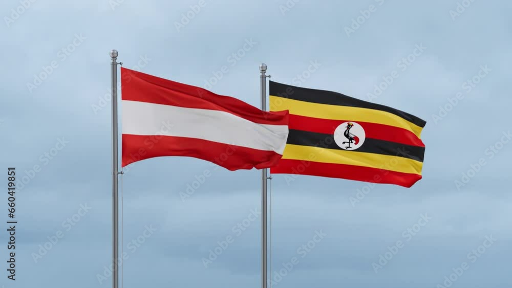 Republic of Uganda and Austria flag waving together on cloudy sky, endless seamless loop, two country cooperation concept Republic of Uganda and Austria flag waving together on cloudy sky, endless seamless loop, two country cooperation concept