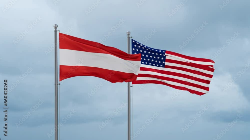 USA and Austria flag waving together on cloudy sky, endless seamless loop, two country cooperation concept USA and Austria flag waving together on cloudy sky, endless seamless loop, two country cooperation concept
