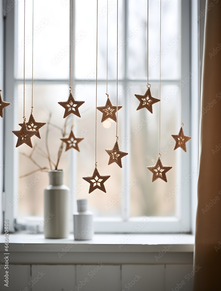 stars, angels made of paper and wood, Christmas decor, New Year's decoration on the window made of natural materials stars, angels made of paper and wood, Christmas decor, New Year's decoration on the window made of natural materials