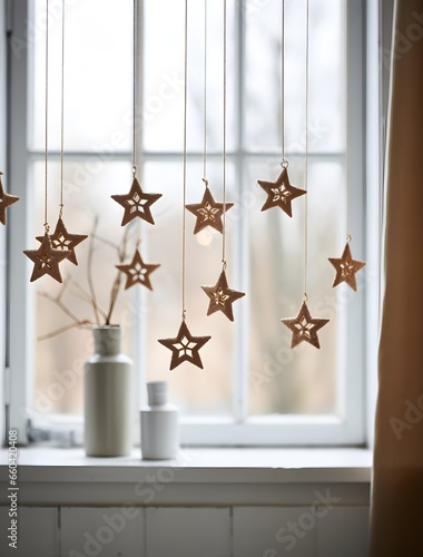 stars, angels made of paper and wood, Christmas decor, New Year's decoration on the window made of natural materials