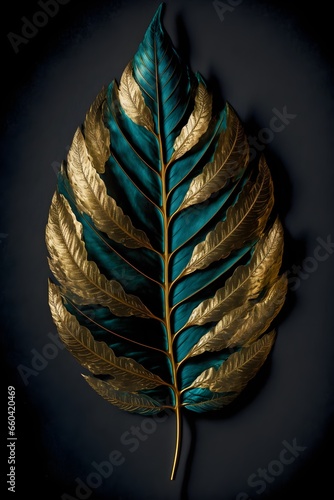 one gold ash leaf dark petrol background 