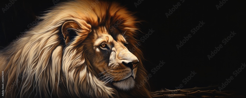 Naklejka premium Zodiac sign of leo lion head fantasy lights dark, panorama horoscope. Generative Ai.