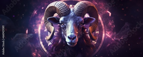 Zodiac sign of aries head with magic light in star wheel , horoscope panorama. Generative Ai.