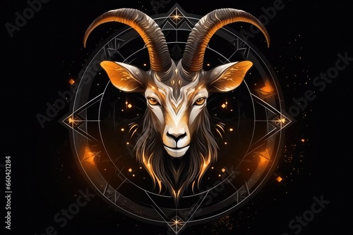 Zodiac sign of capricorn head with magic light in star wheel , horoscope. Generative Ai.