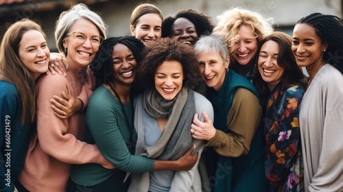 Group therapy and support. Several middle-aged women hug, supporting each other during psychological practice. Mental health and empathy. Empathy. photo