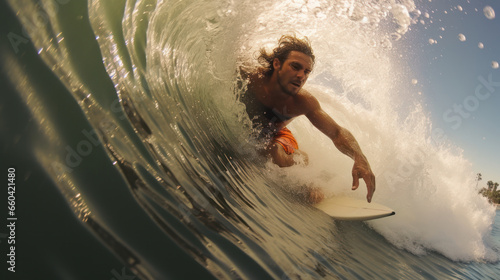 Surfer inside of huge ocean tube wave © leszekglasner