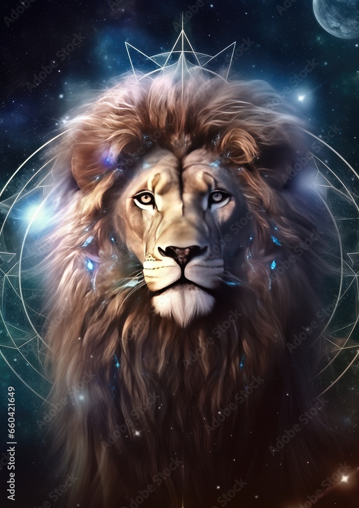 Zodiac sign of leo lion head fantasy lights dark horoscope. Generative Ai.