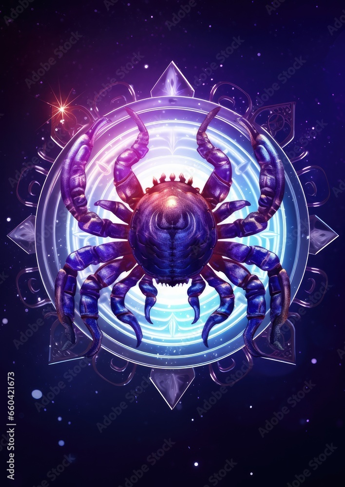 Fototapeta premium Zodiac sign of cancer crawfish with magic light in star wheel, fantasy horoscope. Generative Ai.