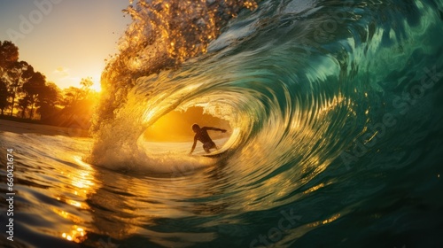 Surfer inside of ocean tube wave at sunset