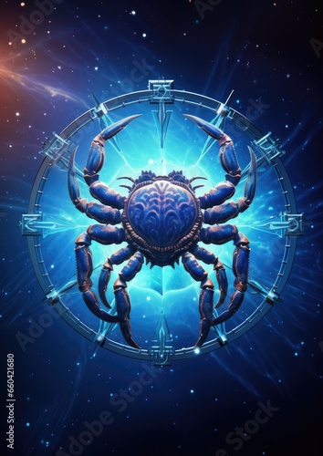 Zodiac sign of cancer crawfish with magic light in star wheel, fantasy horoscope. Generative Ai. © annamaria