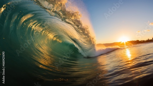 Ocean tube wave at sunset ideal for surfing activity