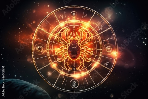 Zodiac sign of cancer crawfish with magic light in star wheel, fantasy horoscope. Generative Ai.