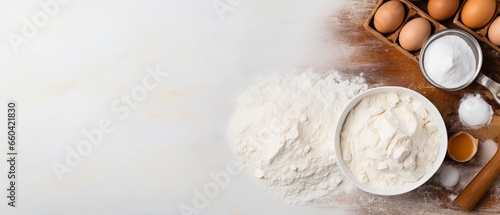 A top-view flat lay presenting essential baking ingredients - flour, eggs, and sugar - neatly arranged on a kitchen counter, with ample empty space for text or additional design elements.