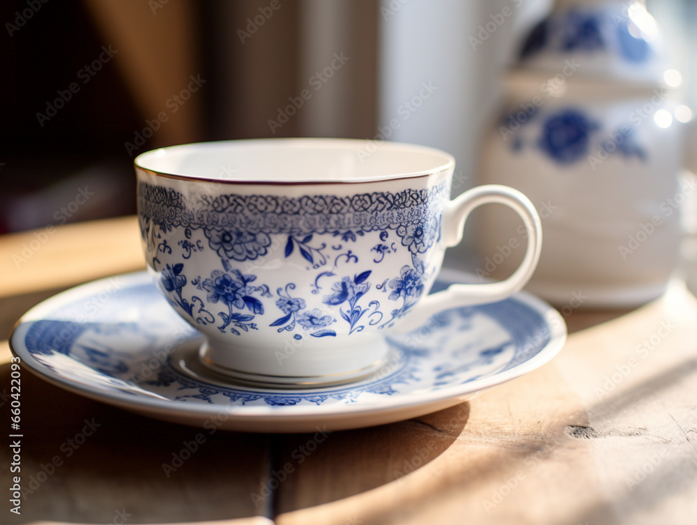 Delicate porcelain teacup with intricate blue patterns on a wooden table Delicate porcelain teacup with intricate blue patterns on a wooden table