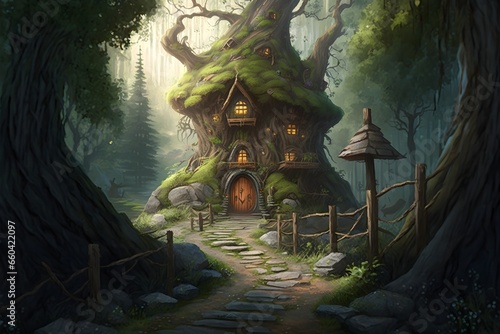 tree hut in the forest high fantasy evergreen forest small path in foreground dungeons and dragons 