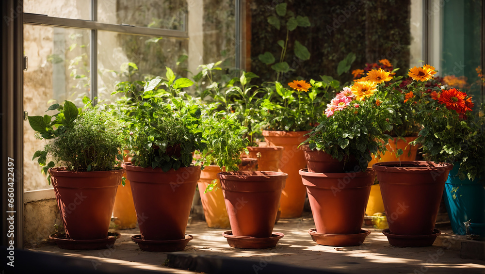 Indoor plants in pots, window