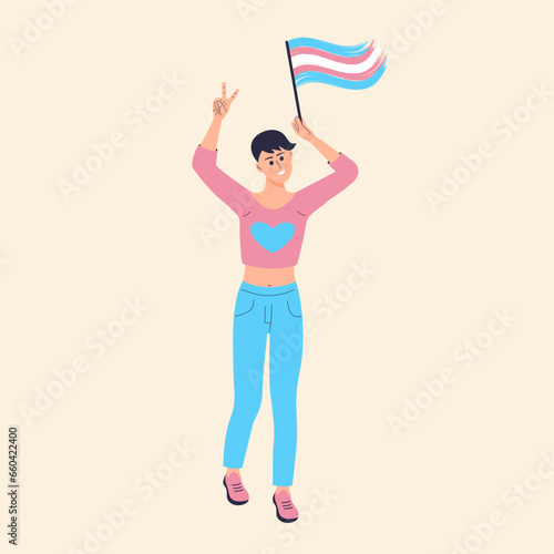 Transgender woman with rainbow flag showing peace sign. International Transgender Visibility Day. LGBT equality, diversity, inclusion concept.