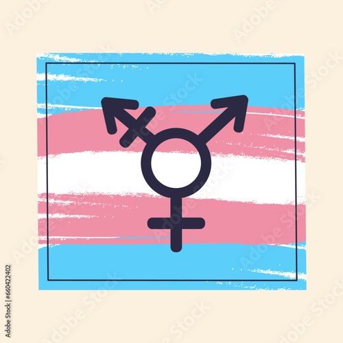 Transgender rainbow flag banner with neutral gender symbol. Blue, Pink and White brush strokes. Gender identity, gender choice, gender transition, gender self-determination concept.